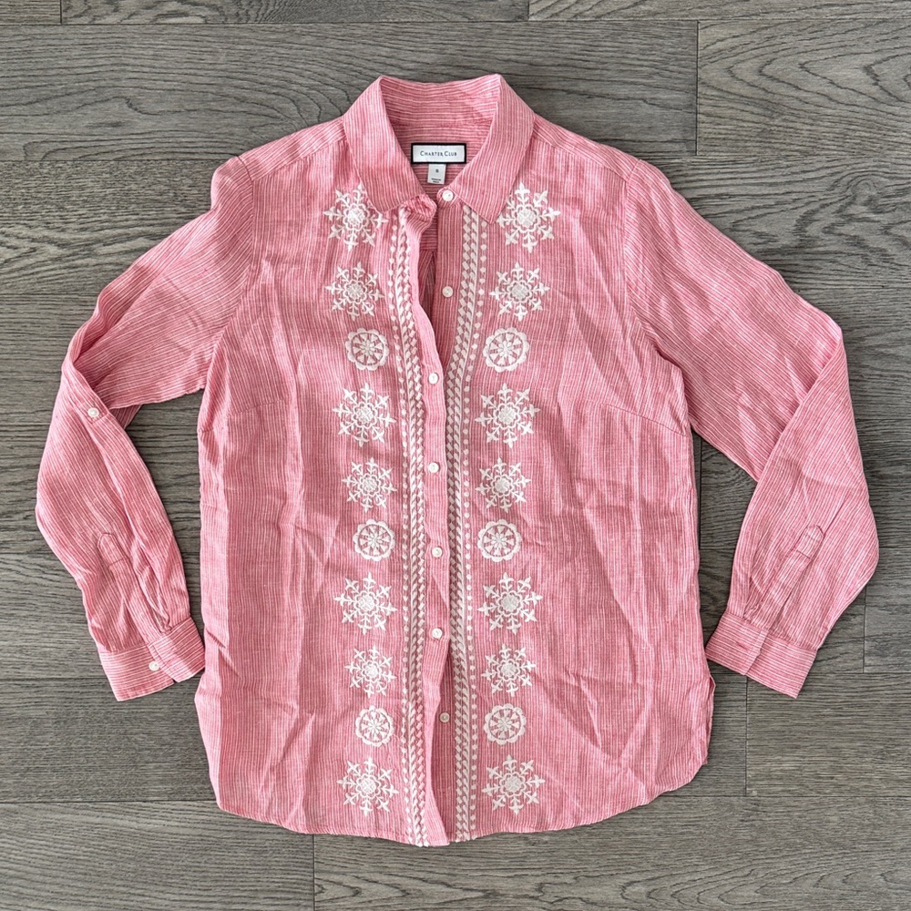 🌼CHARTER CLUB🌼 Linen Embroidered Button Up Shirt, Size S